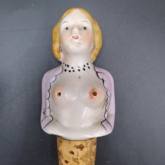 Vintage Naked Lady Porcelain & Celluloid Clown Bottle Stoppers & Bottle - Picture 7 of 14